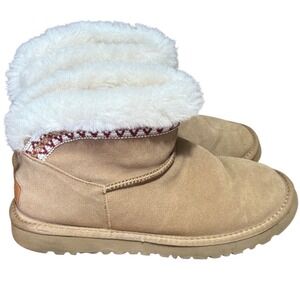 UGG Australia Mini Boots Womens 40 Embroidered Shearling Suede Chestnut Tan